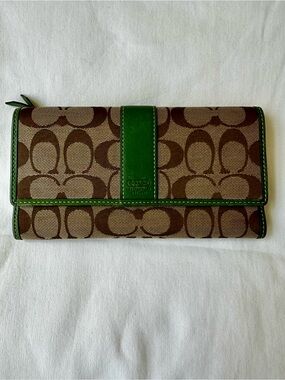 Coach Signature Vintage Tan Brown Green Leather Trim Canvas Trifold Wallet Y2K